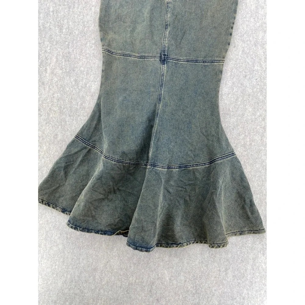 House of Sunny Law of Attraction Denim Mermaid Skirt Acid Wash Yellow Blue Maxi